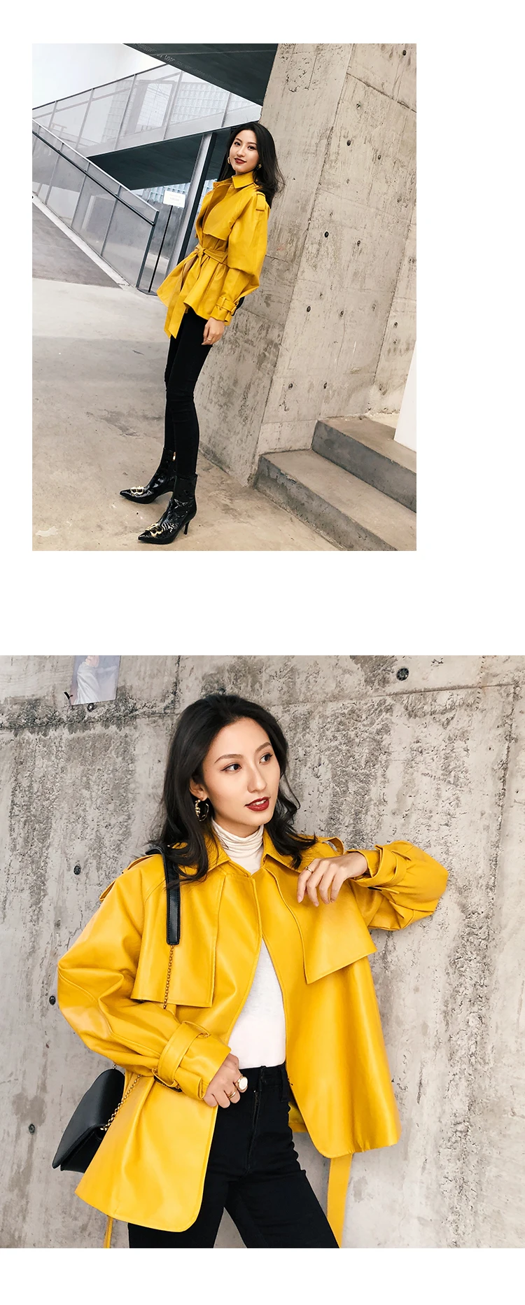 Yellow/Green PU Leather Jacket for Women Korean Moto Coat Faux Jacket with Belt jaquetas couro Casaco Jacket chaqueta SA471S30