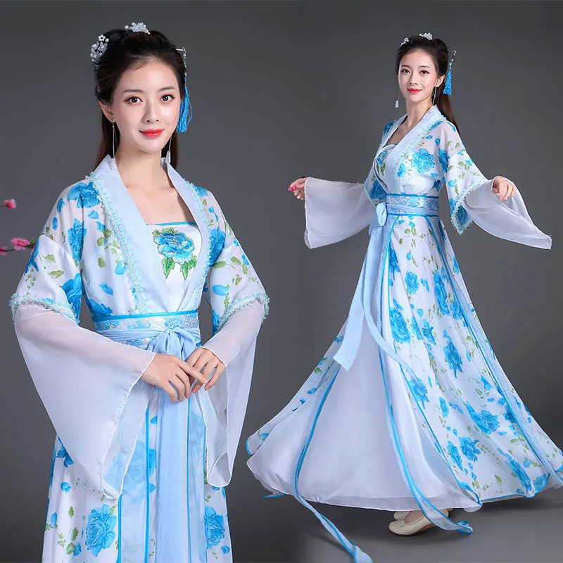 Традиционный китайский народный танец одежда Hanfu студентов женский Hanfu Сказочный принт в виде голубого цветка древняя принцесса шезлонг DL4164