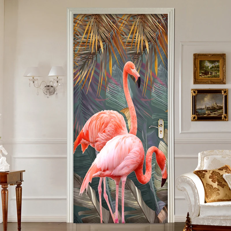 Adesivo de Parede Autoadesivo para Porta Decalque com Folha de Banana e Flamingo 3d para Fotos em Sala de Estar e Quarto Decoração Caseira
