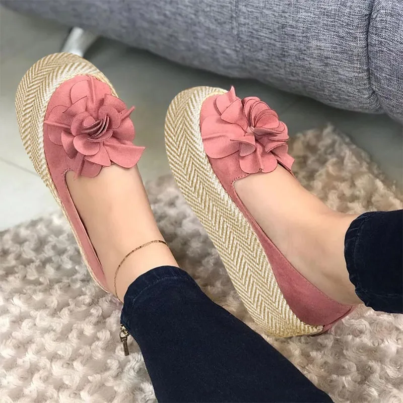

Autumn Women Platform Shoes Flat Hemp Flower Shallow Female Thick Soft Bottom Slip On Ladies Casual Loafers Plus Size Comfort