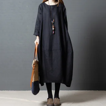 

[EWQ] Loose Vintage Spring Autumn O-neck Pockets Plus Size Women Dress 2020 New Cotton Linen Solid Color Long Sleeve Dress AK302