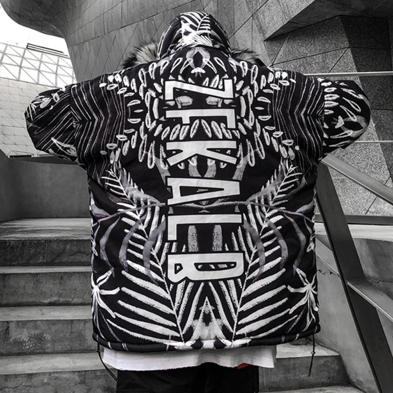 Flash Sale Hip Hop Fur Collar Parkas Men Women Streetwear Thick Winter Jacket Coats Leaf Print Loose Parka Couples Oversize US Size DG544