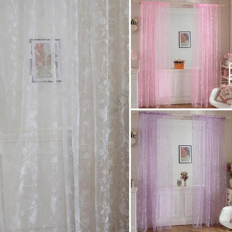 

1M x 2M Curtains Door Drape Panel Scarf Sheer Voile Butterfly Flocked Yarn Window Curtain Decal