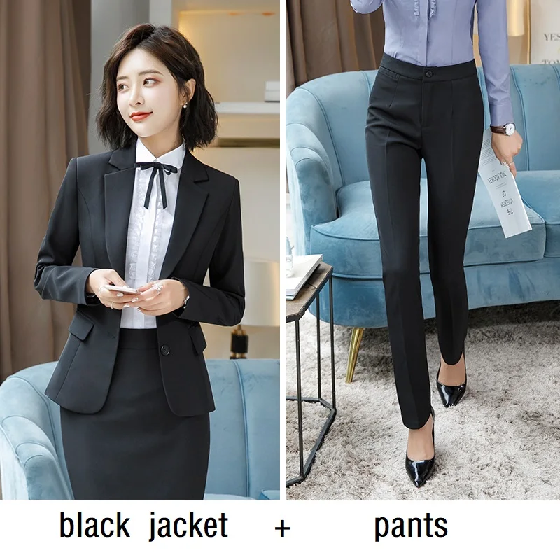 Black 2Pcs Set A Весна осень с длинным рукавом Бизнес Формальные Брюки костюм Ol Женская рабочая одежда серый блейзеры брючные костюмы блузка костюм платье - Цвет: Black 2Pcs Set A