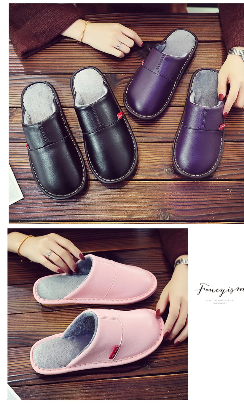 Plus size 45/46 Unisex home slippers women winter leather shoes microfiber high quelity female house slippers short plush shoes