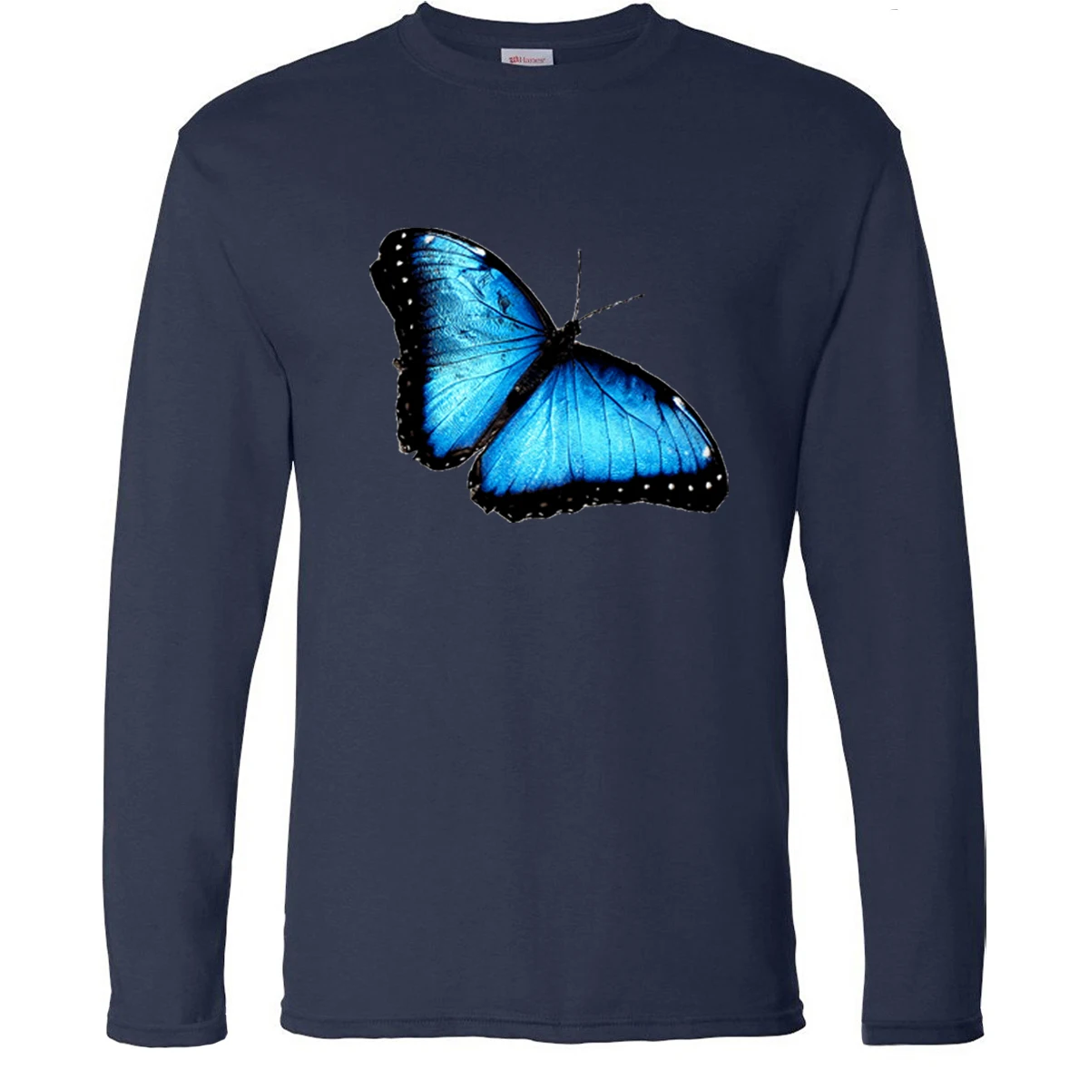 Красивые синие топы с круглым вырезом и бабочками футболки длинным рукавом