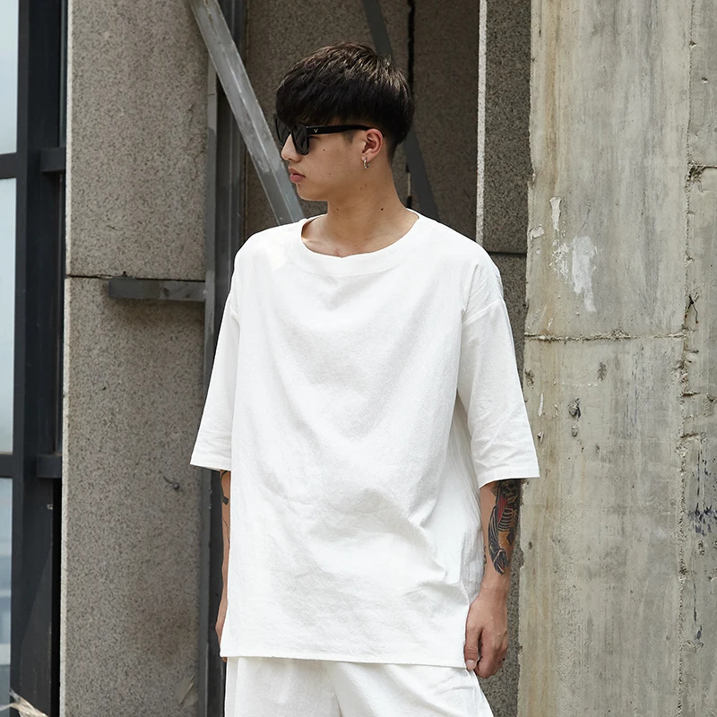 

Men Summer Short Sleeve Loose Casual Black White Cotton Linen Tshirt Male Streetwear Punk Hip Hop T Shirt Pullover Tees Shirts