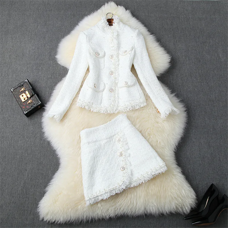Высококачественная осенне-зимняя дизайнерская юбка с рюшами, комплект из 2 предметов, женское роскошное белое твидовое шерстяное пальто с бусинами и жемчугом+ юбка