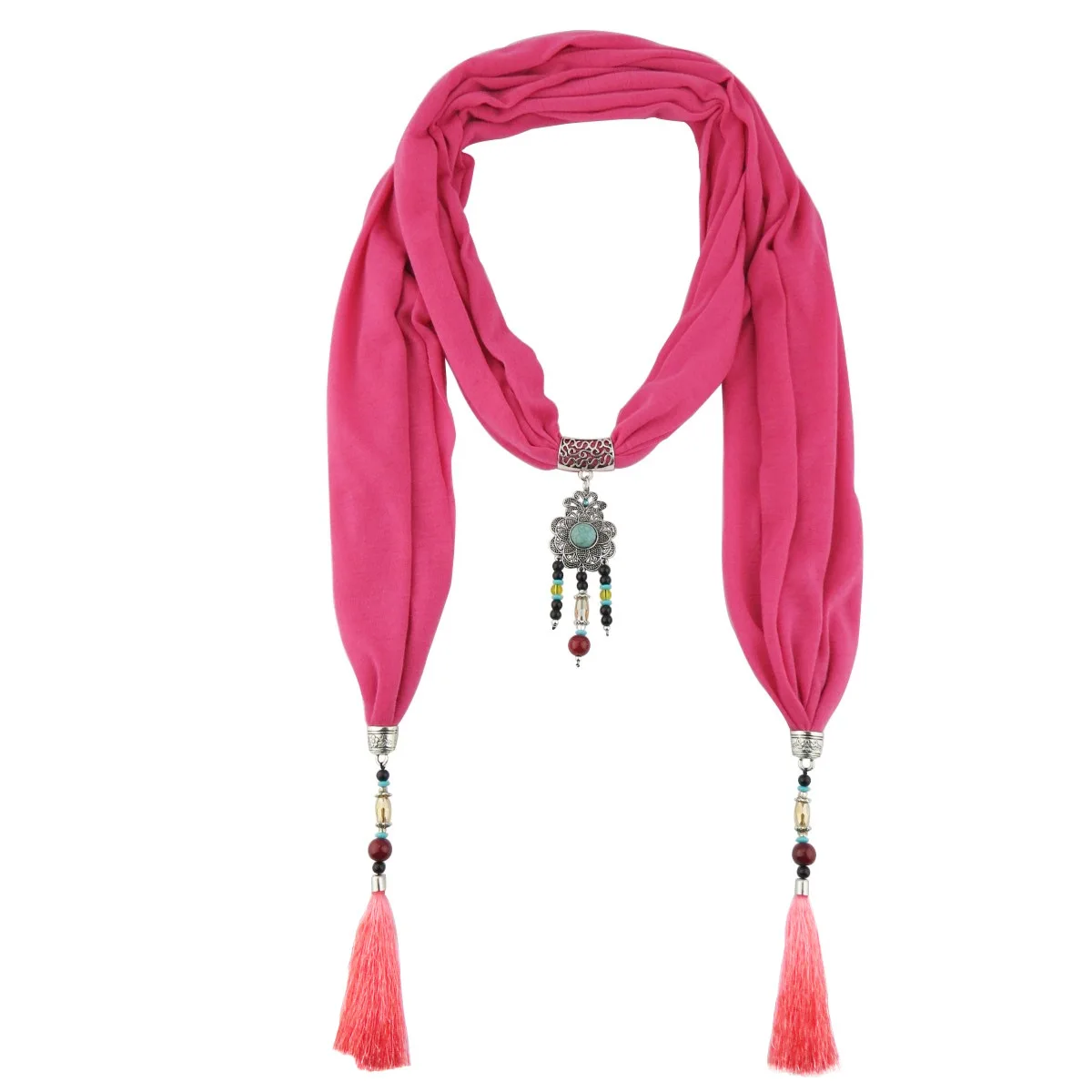 

New polyester-cotton ceramic fringed pendant scarf mixed colour lady's shawl Jewelry Necklace national style pendant scarf