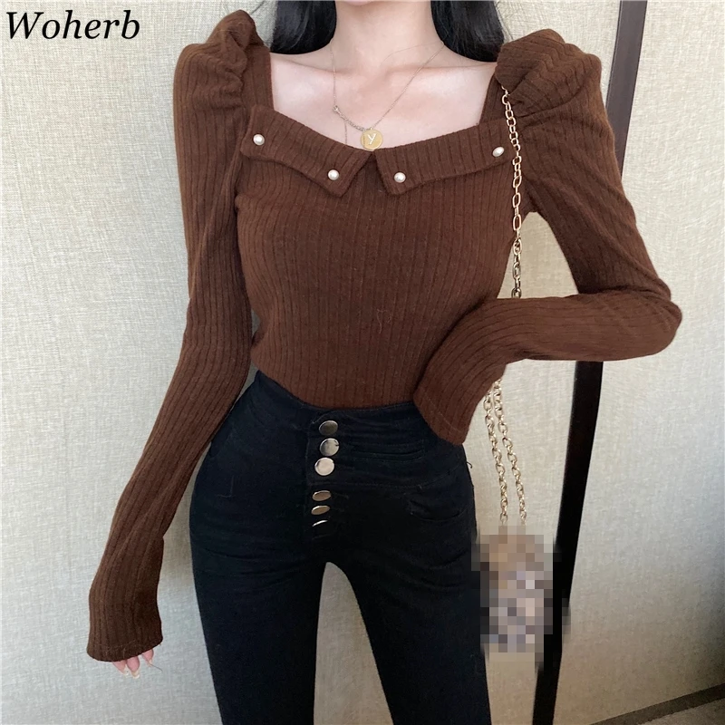 Woherb, Осень-зима, новинка, длинный рукав, квадратный воротник, вязаный свитер для женщин, сплошной цвет, тонкий пуловер, джемперы, винтажная мода 91356