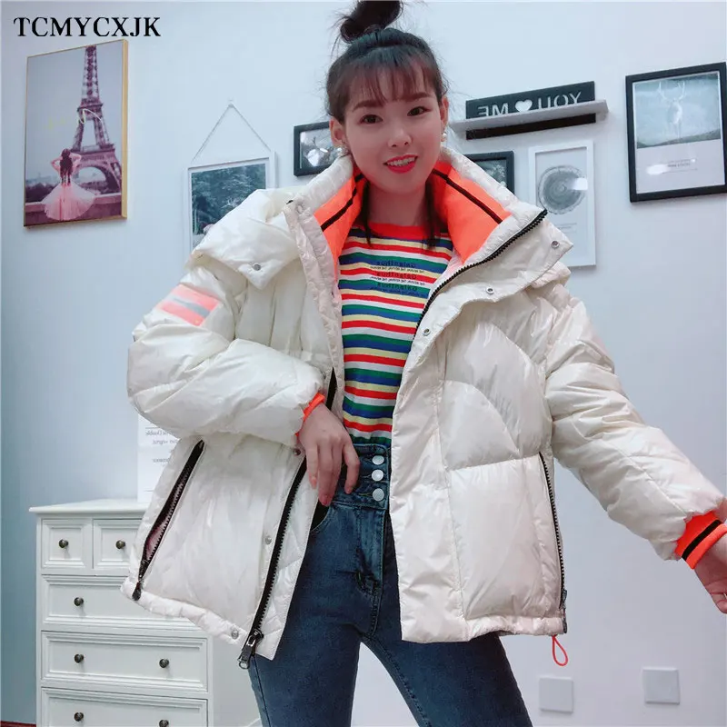 

Short Parker Jacket Down Coat Women 2020 Winter New Couple Style Korean Fashion Bright Leather Jackets Loose Thicken Warm Coats