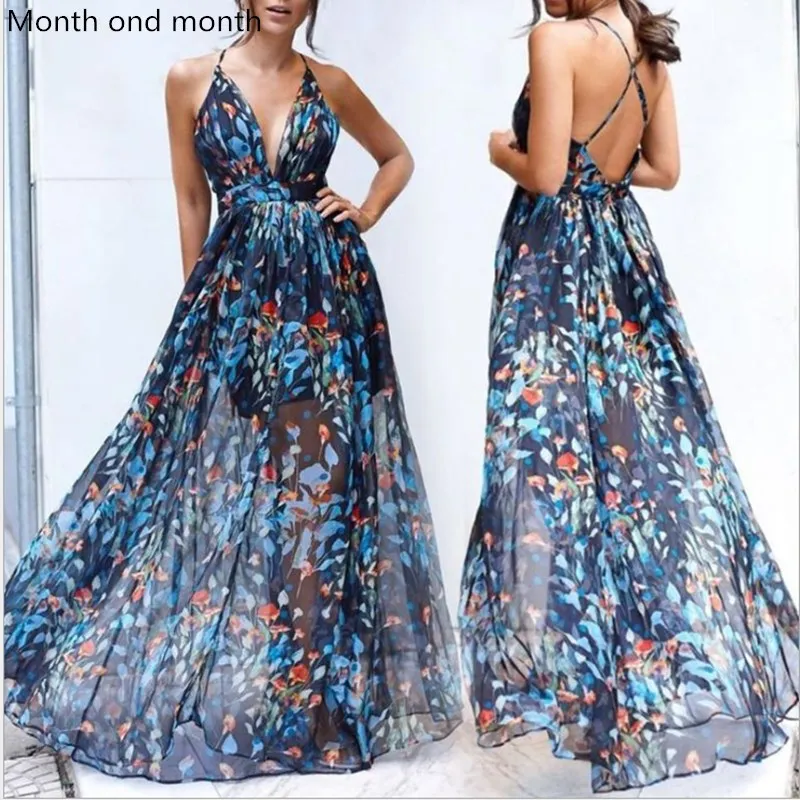 

Boho V Neck Sexy Backless Spaghetti Elegant Chiffon dress Floral Split Summer Beach Sundress Party Evening holiday Maxi Dress