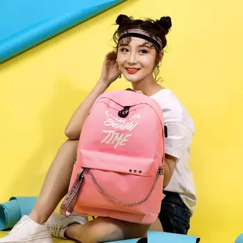 

Women Backpack Luminous Fashion Waterproof USB Charge Unisex Hiking Teenagers School Bag Letters Print Outdoor Sports