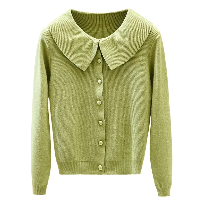 Nonis New Loose Women Knitted Cardigan Sweater Single-breasted Elegant Sweet Doll Collar Long Sleeve Jumper Lady Outwear