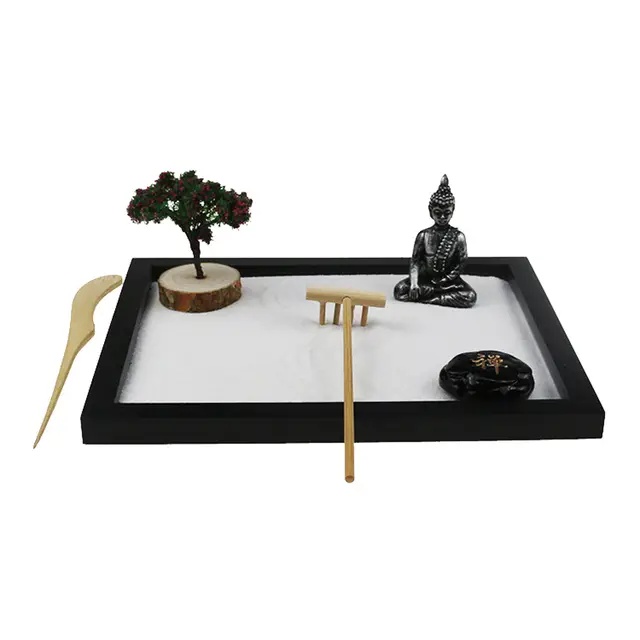 Mini Zen Garden Sand Table Ünnepi Figurák Rake Rocks Tree Buddha Szoborok Ajándékok A Stressz -Segélyek Otthoni Irodájához