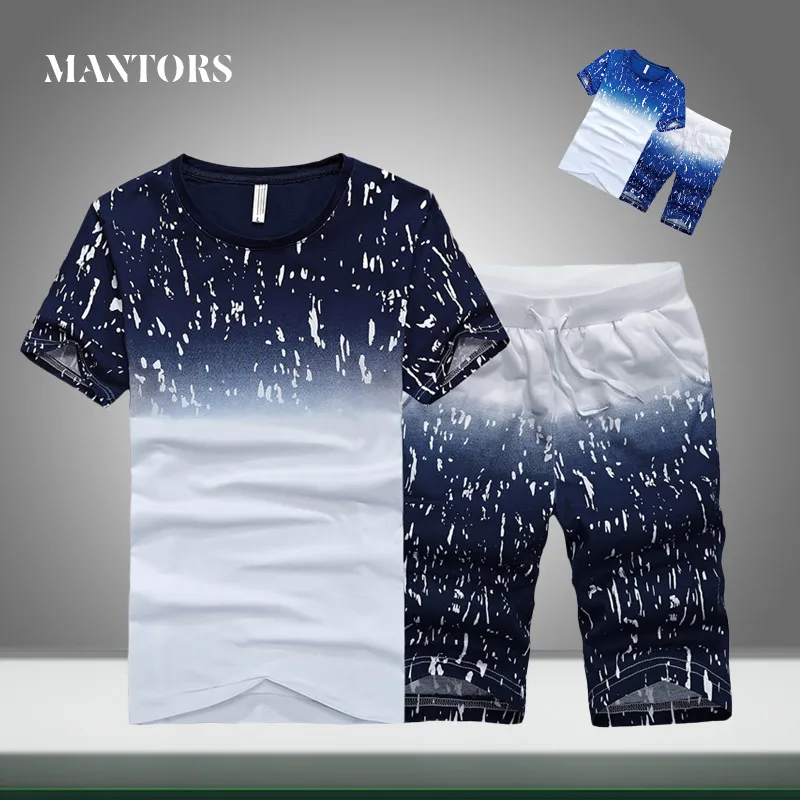 

Men Tracksuit Casual Summer New Trend Solid Splice Sets Slim Fit Mens Sportswear Jogger T-shirts+Shorts Two pieces Sport Suits