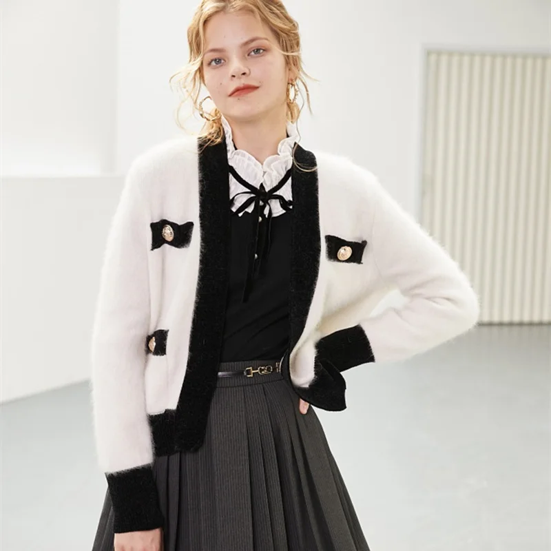 

Fake Mink Cropped Cardigan Women 2020 Autumn Cute Pink V neck Buttons Warm Knitted Sweater Coat Outwear 3 Colors