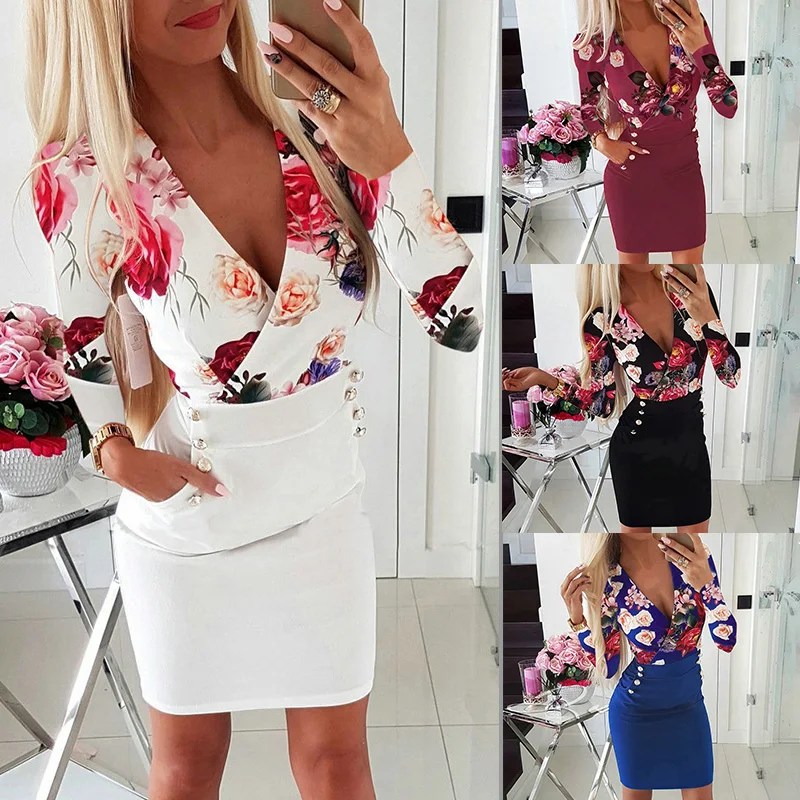 Для женщин Bodycon платье красочный цветочный Печатный платье с глубоким v-образным вырезом Высокая Талия кнопка карман, мини, сексуальное, Клубное, Платья для вечеринок женская обувь