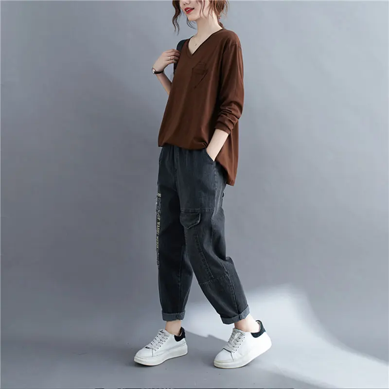 DIMANAF 2020 Plus Size T-Shirt Women V-Neck Tops Soft Cotton Long Sleeve Loose Casual Style Vintage Show Thin New Elegant Tees