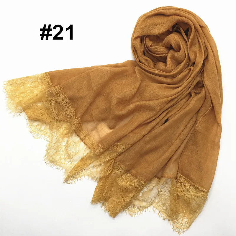 Модный однотонный хлопковый двухсторонний кружевной хиджаб платок шарф для свадебной вечеринки мусульманские женские шарфы Hijabs длинный Палантин 180x90 см - Цвет: 21 Gold