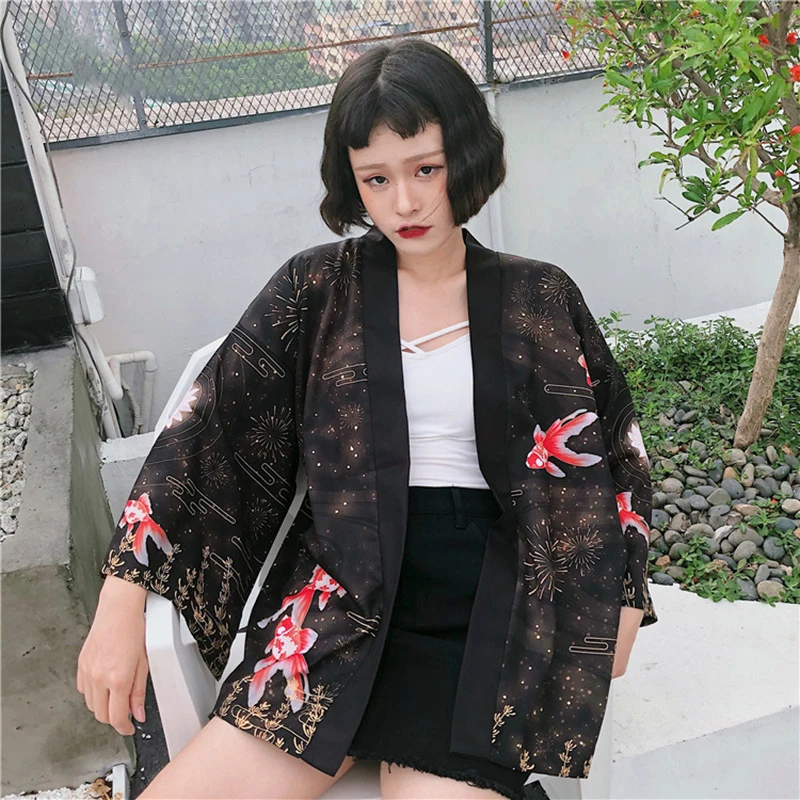 Кимоно с принтом золотой рыбки, кардиган, верхняя одежда, Солнцезащитная блуза, Harajuku, Азия, японская традиционная юката, женское кимоно, костюм для косплея - Цвет: as picture-18.95