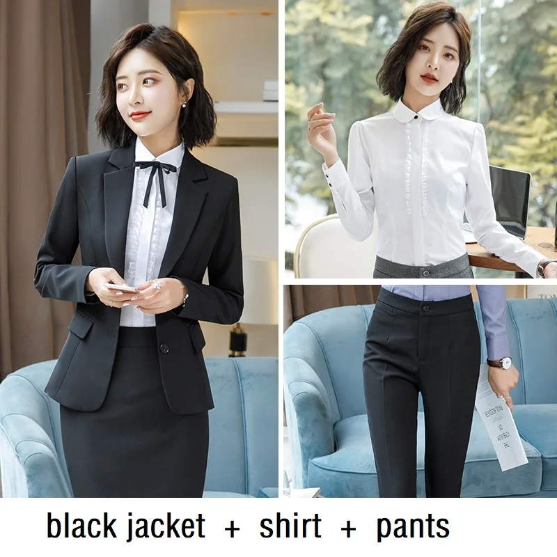 Black 3Pcs Set A Весна осень с длинным рукавом Бизнес Формальные Брюки костюм Ol Женская рабочая одежда серый блейзеры брючные костюмы блузка костюм платье - Цвет: Black 3Pcs Set A
