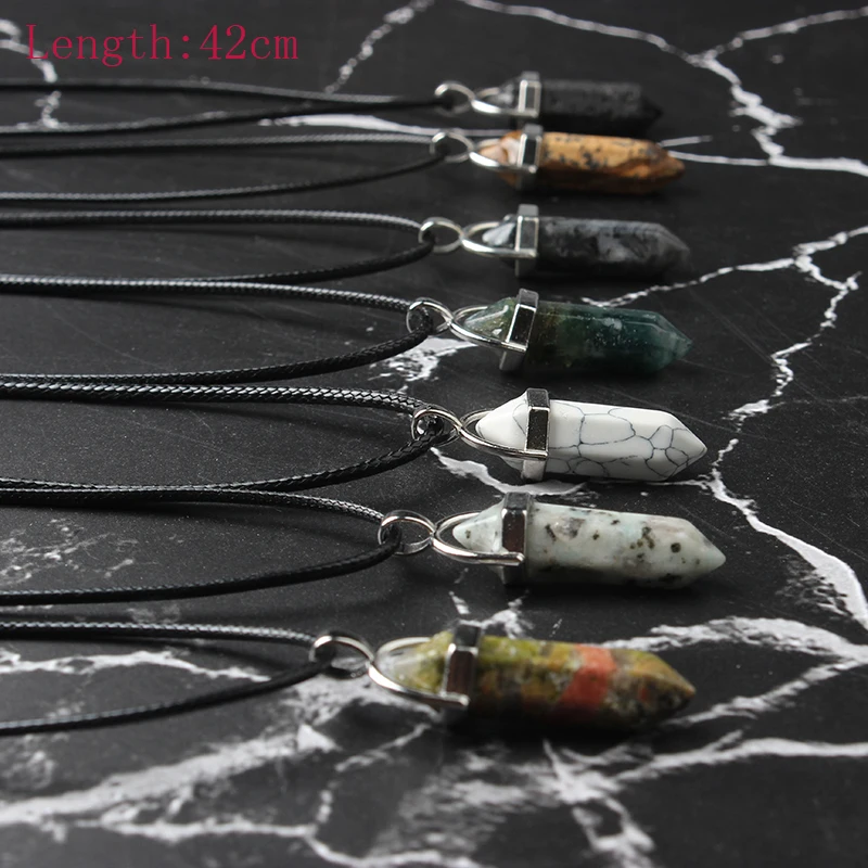 LanLi Hexagonal Column Necklaces Natural Crystal Pendants Stone Pendant Leather Chains Necklace For Women Fashion Jewelry
