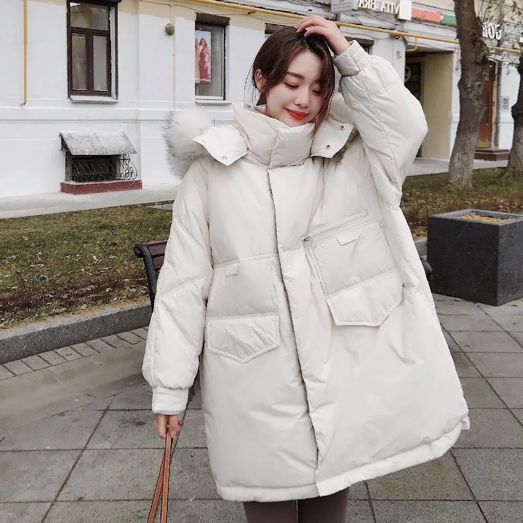 

2019chic2018 Korean-style Mid-length Laziness College Style BF down Coat Loose-Fit Hooded Large Fur Collar Cotton-padded Clothes