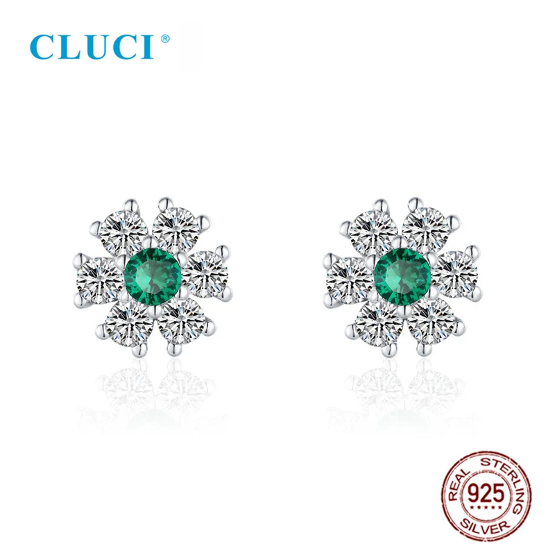 CLUCI 925 Серебряный Блестящий цветок зеленый циркониевый серьги ювелирные изделия для женщин Свадебные обручальные модные серьги из стерлингового серебра