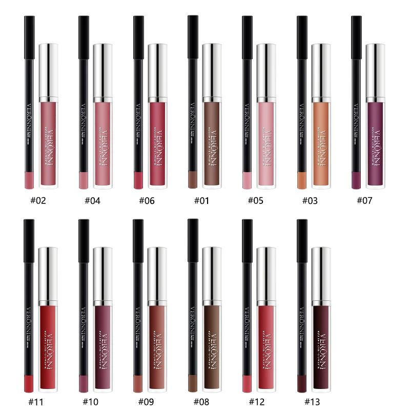 VERONNI Matte Lipgloss Sexy Liquid Lip Gloss with Lipliner Long Lasting Waterproof Cosmetic Beauty Keep 24 Hours Makeup lipgloss