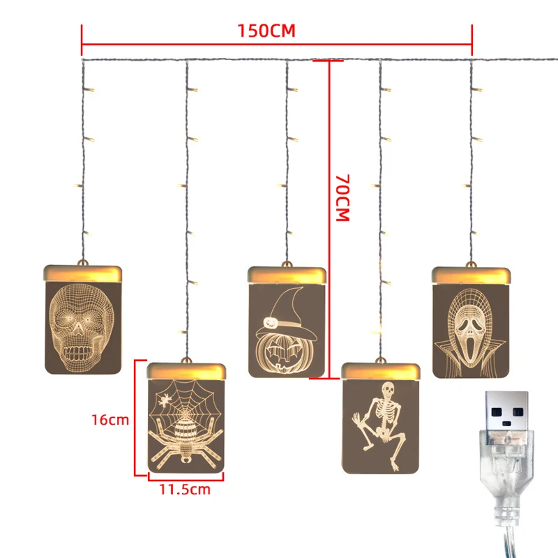 3D Хэллоуин шаблон занавес свет светодиодный Рождество гирлянда Сказочный Свет USB настенный светильник Открытый Крытый Хэллоуин украшение