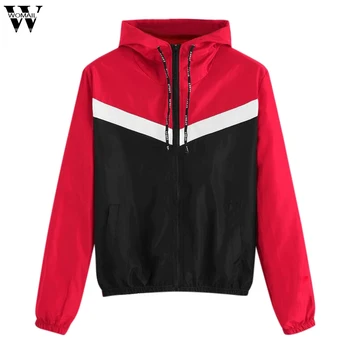 

Womail Women Hoodies Spring Autumn Zipper Patchwork Thin Hooded Sweatshirts Hoody Women's Coat Pockets Outerwear 2019 Red