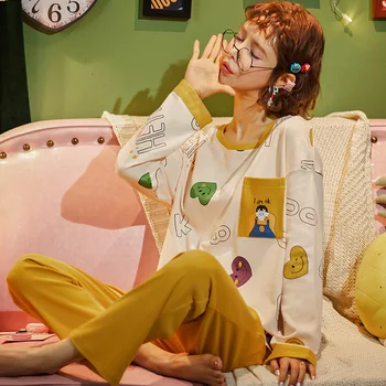

Sleepwear Women's Cotton Cartoons Print Pajamas For Women Teen Girls Loose PJS Pyjama Femme Home Wear Autumn