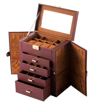 

Synthetic Leather Huge Jewelry Box Mirrored Watch Organizer Necklace Ring Earring Storage Lockable Gift Case Brown Jewelry Box