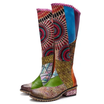 

New Casual Retro Ethnic Style Leather Women's Boots Stitching Ethnic Style Knee-Length Boots
