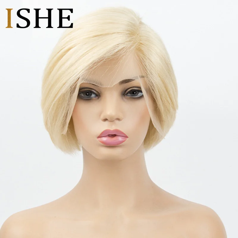 Блонд, причёска Боб с прямыми волосами, парики без клея, Pixie Cut 13x6, боковая часть, кружевные передние человеческие волосы, Короткие парики, черный, красный, remy волосы для женщин