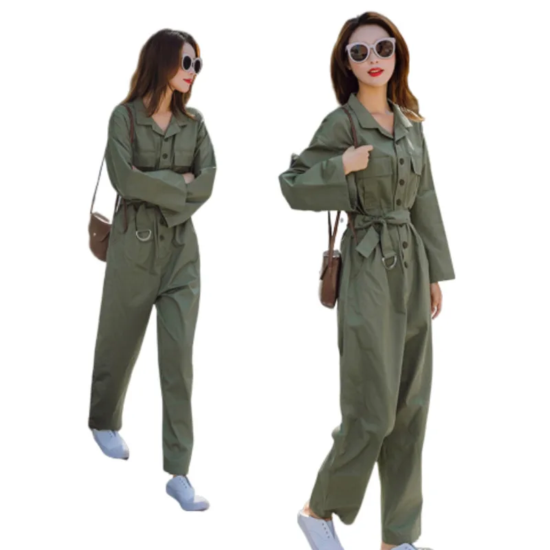 

2019 Autumn Cotton Jumpsuit Romper Women Ins Long Sleeve Work Clothes Plus Size Streetwear High Waist Casual Style Loose