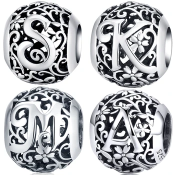 

Vintage pattern letter A M beads fit Pandora bracelet original 925 sterling silver round charm for women wedding gift making DIY