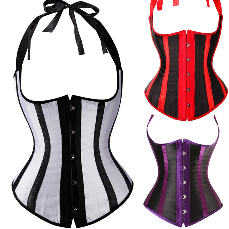 

Gothic Satin Waist Trainer Cincher Corsets Bustiers Black/White/Red/Purple Striped Halter Boned Underbust Cupless Body Shaper