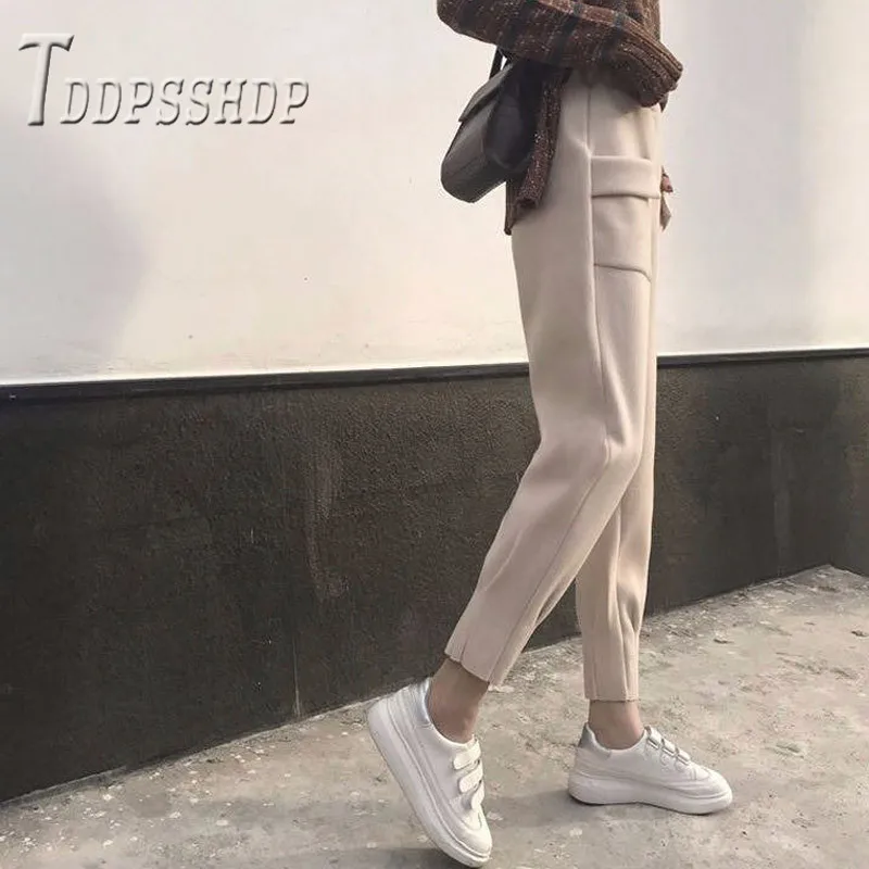 Thick Woolen Women Pants Preppy Style New Korean Slim Female Harem Trousers