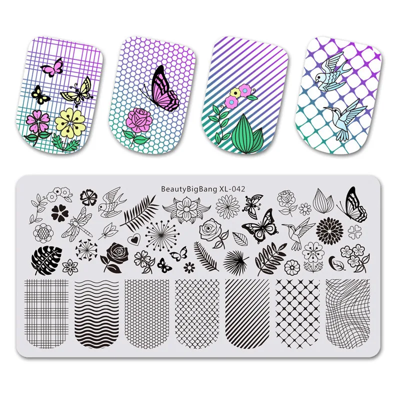 BeautyBigBang 6*12cm Nail Stamping Plates Square Flower Butterfly Grid Image Stamping For Nails Template Nail Art BBB XL-042