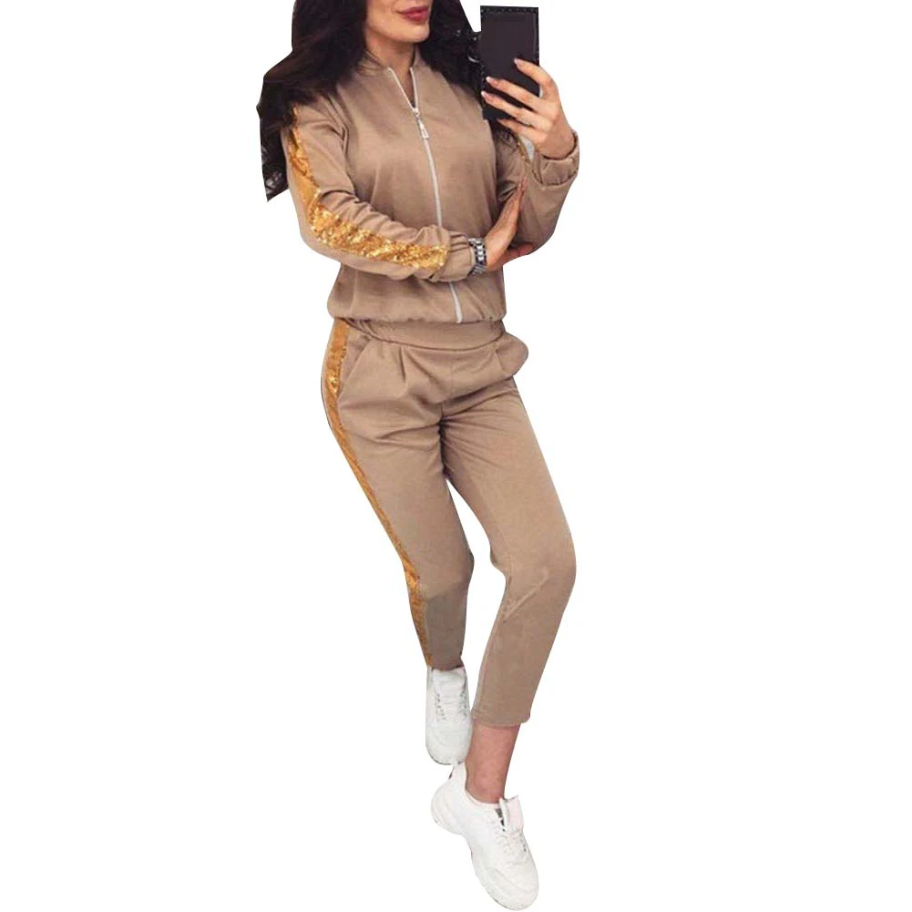 2Pcs Women Jogging Suit Sequins Patchwork Tracksuits Sweatshirt Coat Pants Set Nylon Polyester Spandex Sequins Zip Up Tracksuit