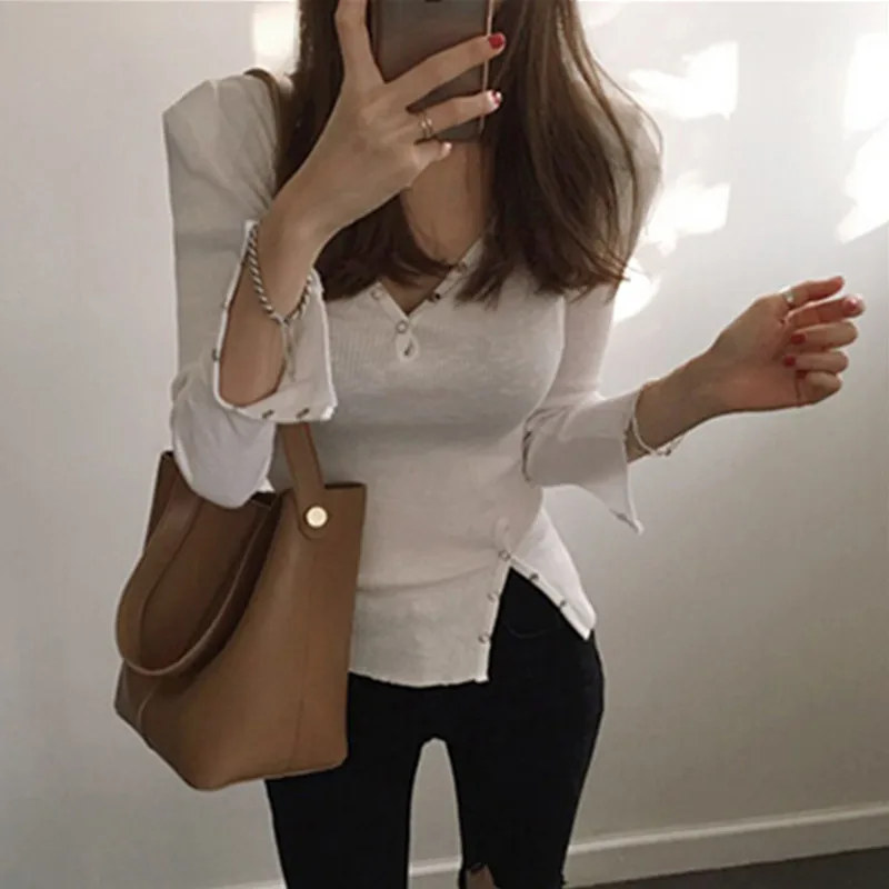 Футболка женская трикотажная с V образным вырезом и длинным рукавом|fashion t shirt women|t