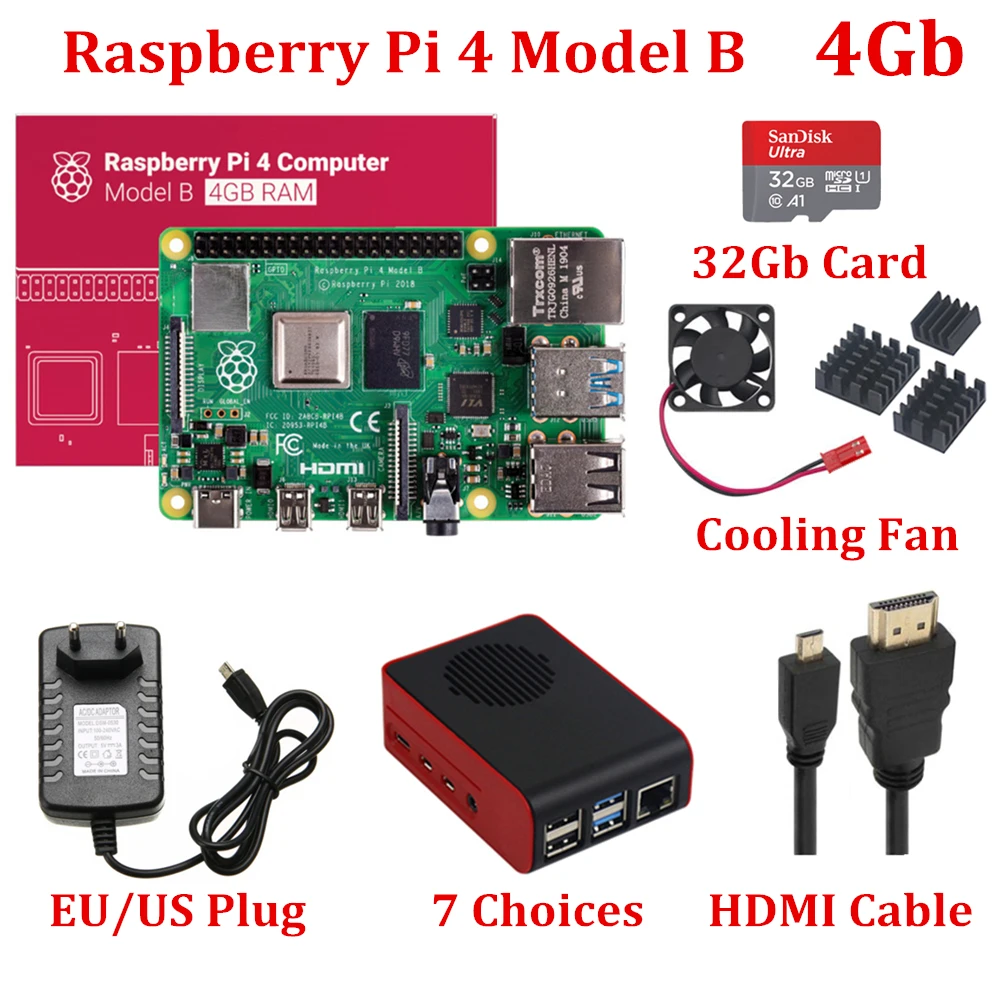 Новинка Raspberry Pi 4 Модель B 4 Гб ОЗУ с охлаждающим вентилятором Официальный чехол Raspberry Pi 32 ГБ карта HDMI кабель 5V3A источник питания для RPi 4