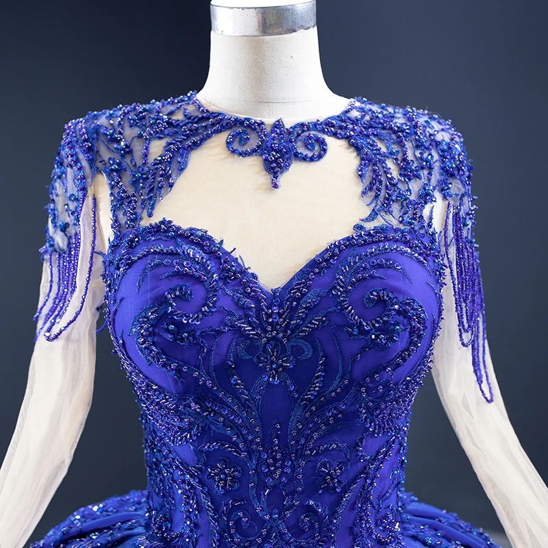 J67160 Bright Royal Blue Evening Dress 2020 Sequined Lace Up Back Beading Sweetheart Long Sleeve свабедное платье 5