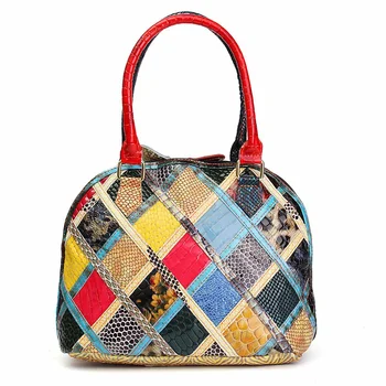 

AEQUEEN Feminina Bolsa Women's Genuine Leather Handbag Female Patchwork Colorful Shoulder Bag Totes Shoppers Bags