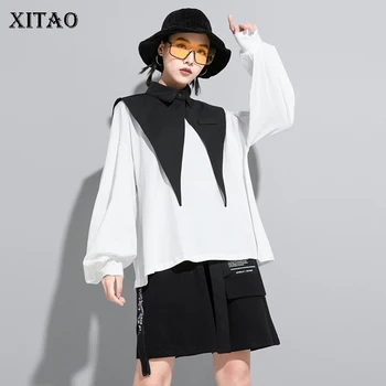 

XITAO Patchwork T Shirt Women Loose Fashion All Match Streetwear Turn Down Collar Lantern Sleeve 2020 New Autumn Tee ZP3530