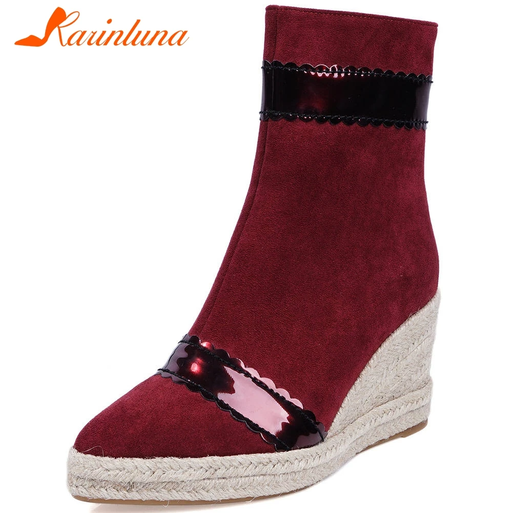 

KARINLUNA Ladies High Wedges Boots Fashion Decorating Ankle Platform Boots Women Elegant Pointed Toe Shoes Woman