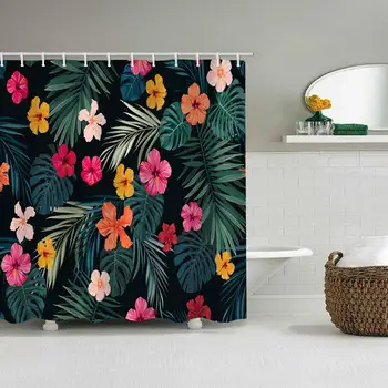 

Tropical Flowers Shower Curtain for Bathroom with Hooks, Palm Tree Leaf Jungle Leaves Floral Decorative Long Cloth Fabric Shower