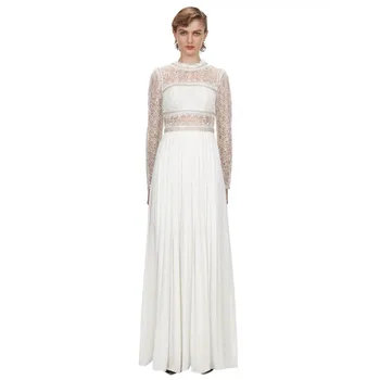 

2020 New Women White Pleated Split Party Dress Panelled Long Maxi Lace Patchwork Runway Dresses